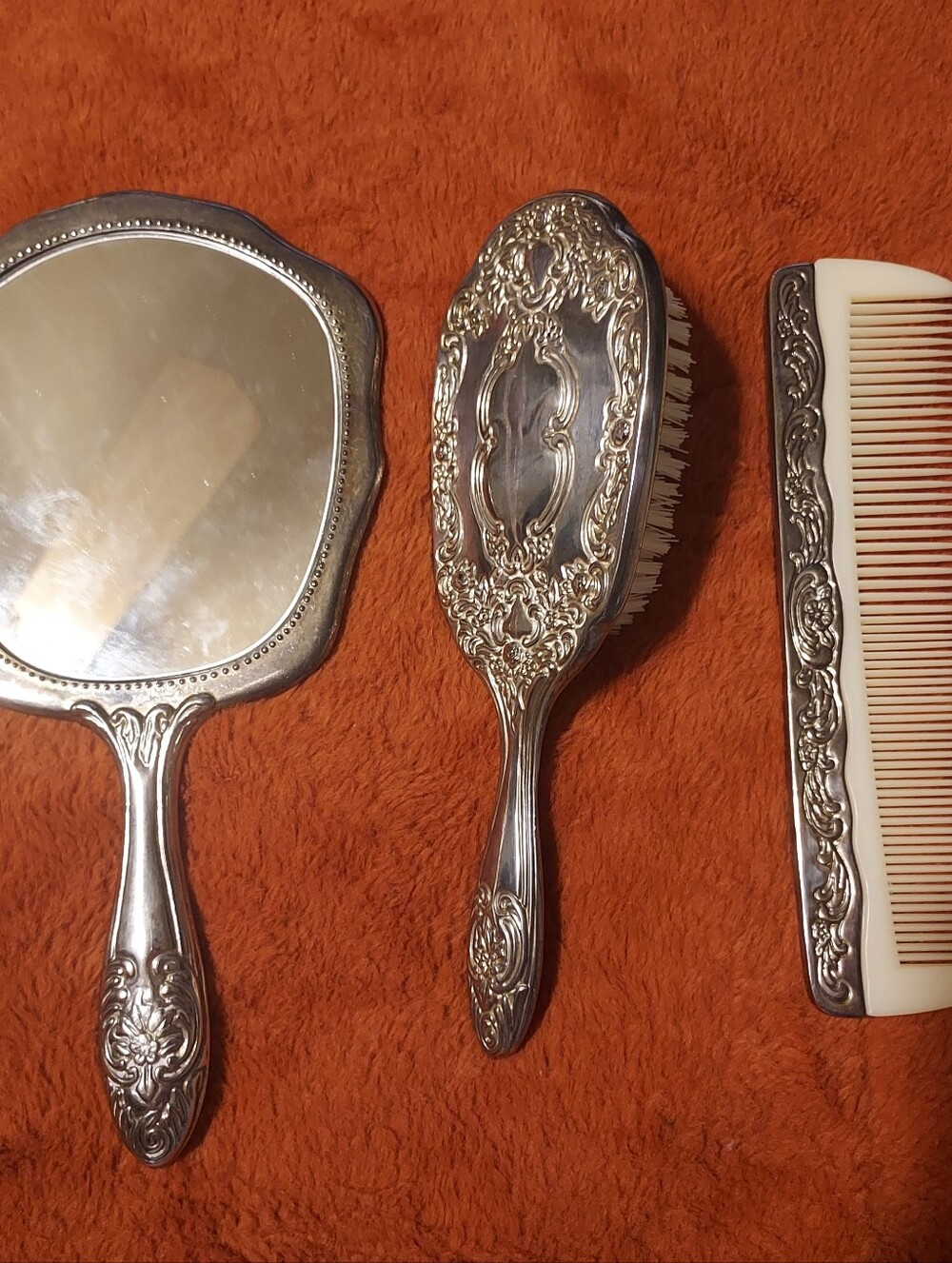 Vintage Ornate Silver Plated 3 Pc Vanity Set Hand Mirror Brush Combo